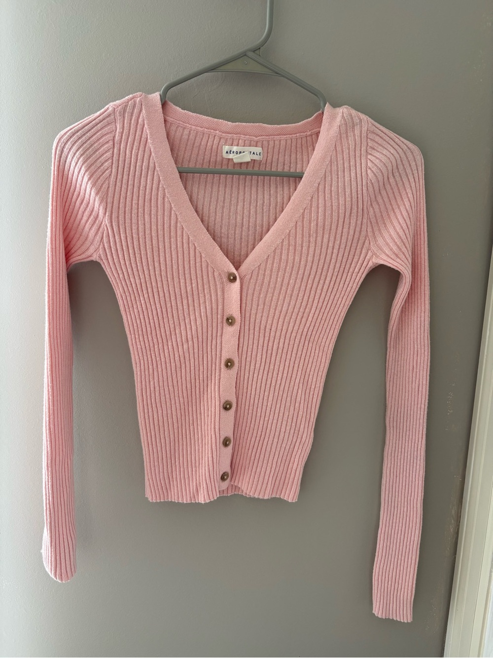 Aeropostale Pink Ribbed V-Neck Button Cardigan